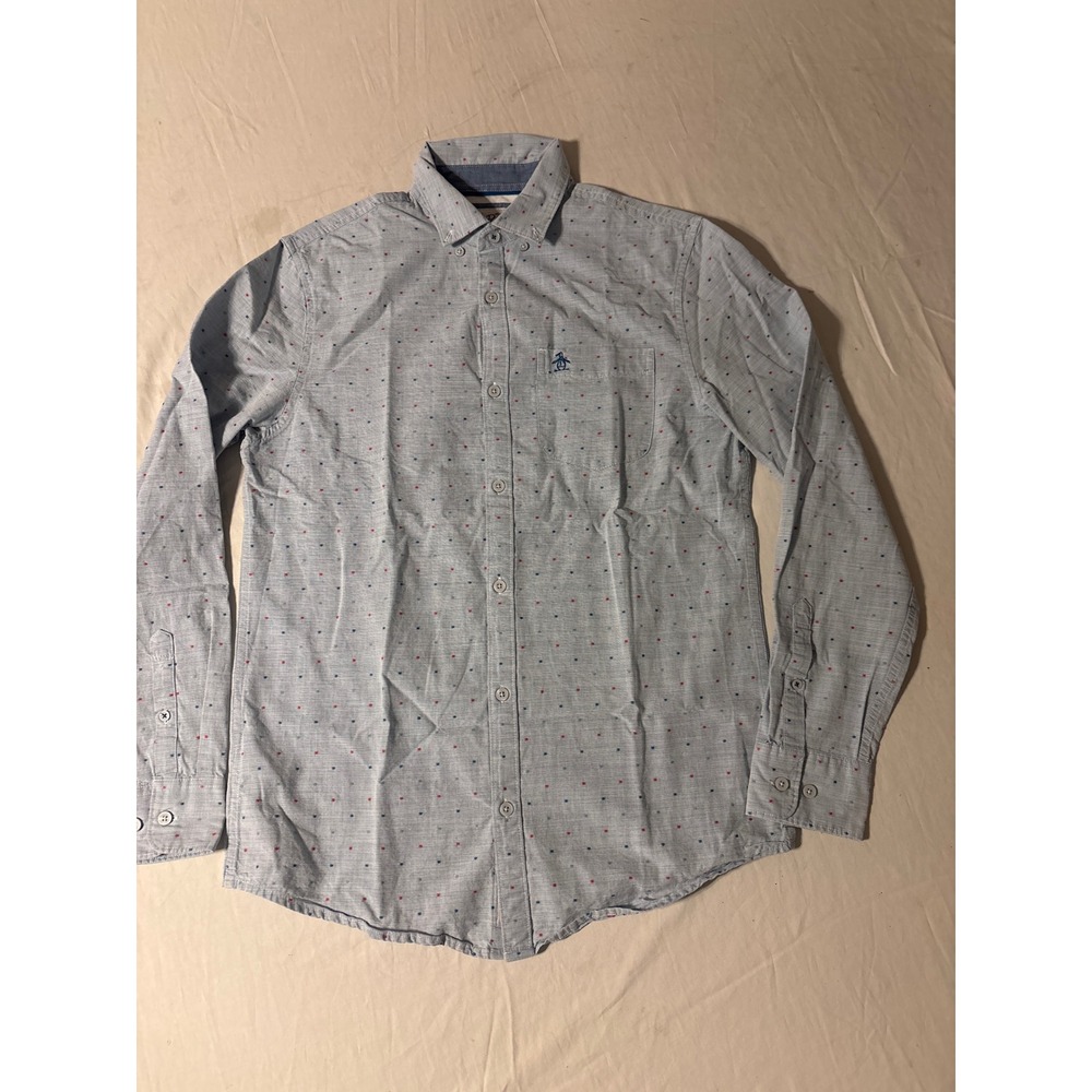 Original Penguin Button Down Men small Light Blue Excellent Polka Dot Shirt